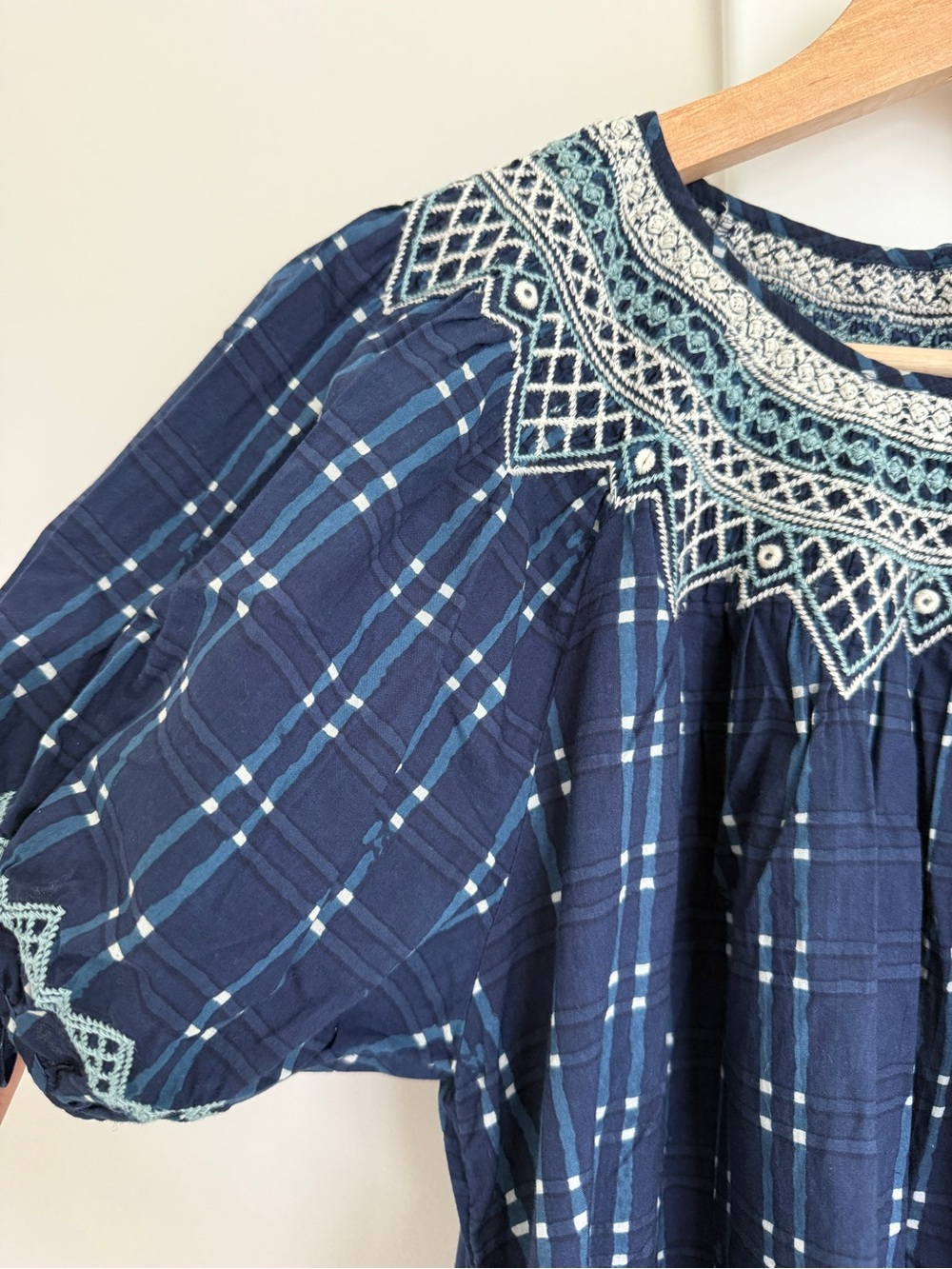 Madewell Embroidered Puff-Sleeve Babydoll Dress in Indigo Plaid - Picture 6 of 9